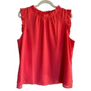 J CREW Red/Orange Swiss Dot Sleeveless Ruffleneck Top, Size XL